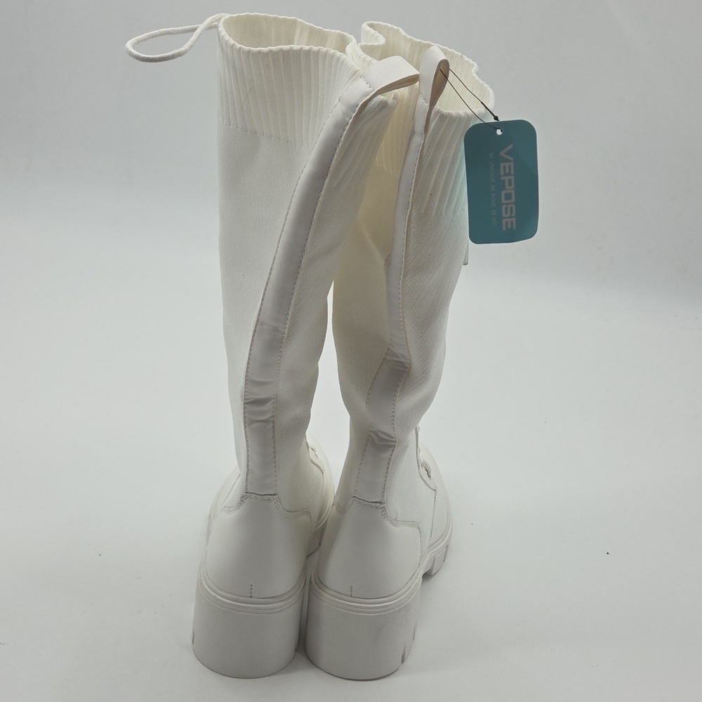 Women's White Knee-High Lace-Up Boots PU and Knit Material New - Picture 13 of 16